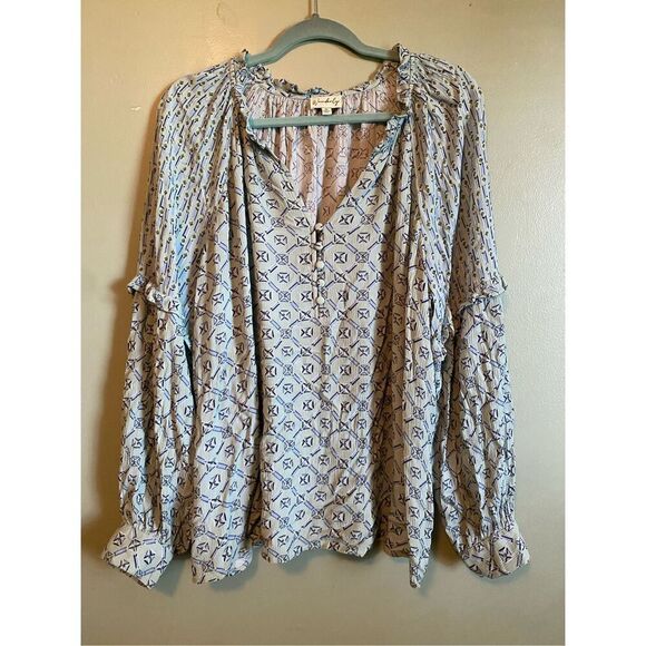 Wonderly Multi Geo Long Sleeve Split Neck Blouse Size XL - Picture 2 of 8